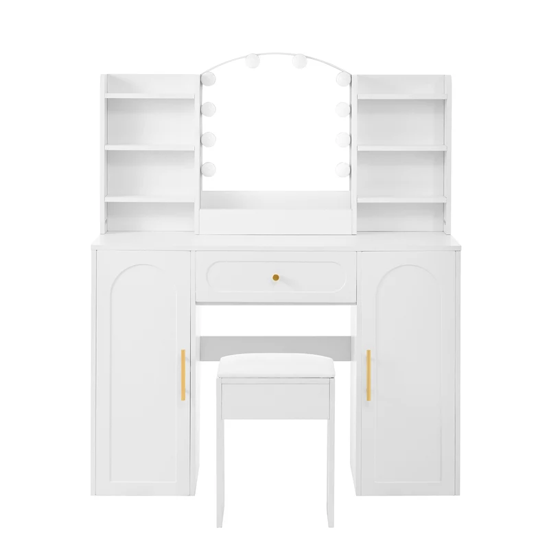 Coiffeuse grande taille blanc avec miroir LED réglable, tabouret, 1 tiroir et 2 portes 110x40x132cm MOMENTUMCLARITY