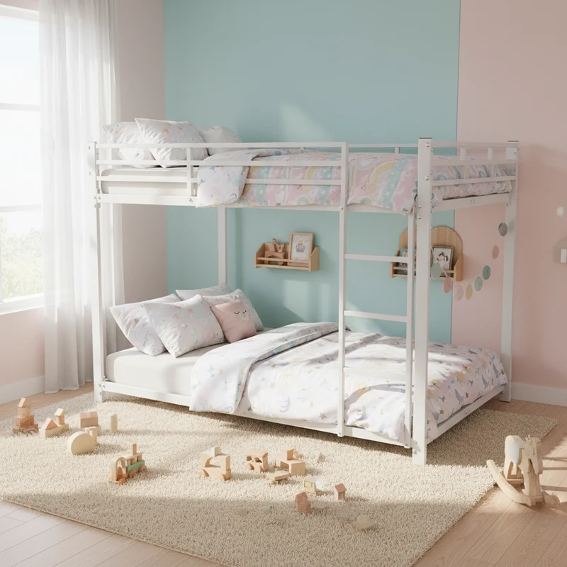 Lit double superposé en métal blanc échelle droit, sécurité enfant, 140x200cm INFINITEPULSE