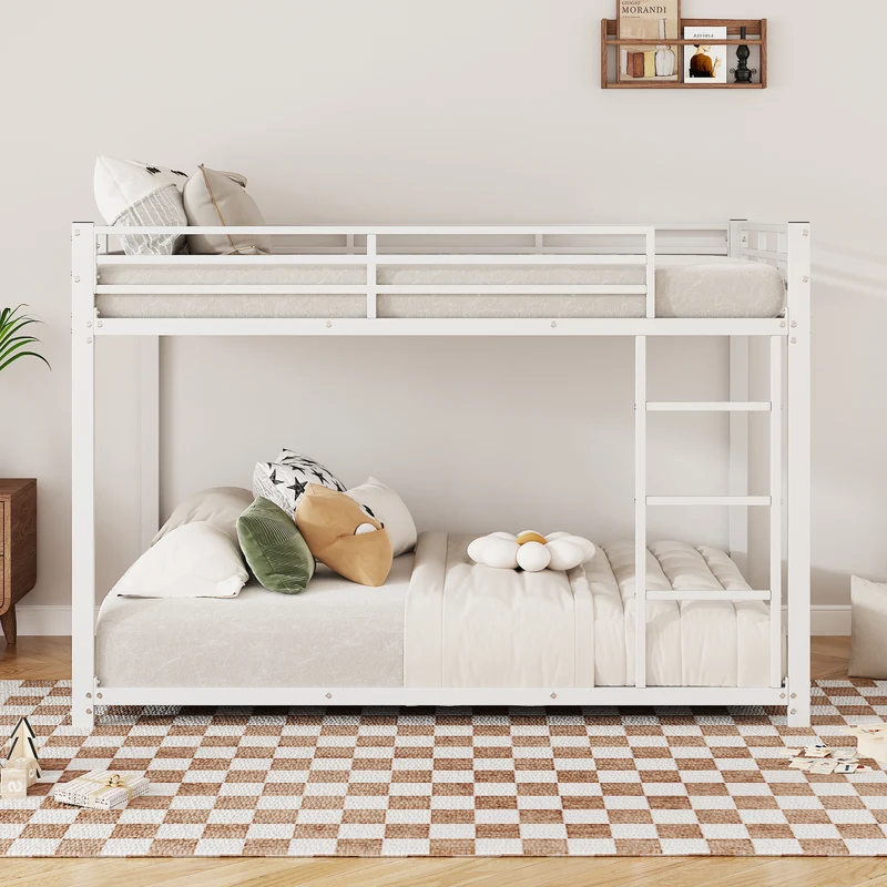 Lit double superposé en métal blanc échelle droit, sécurité enfant, 140x200cm INFINITEPULSE
