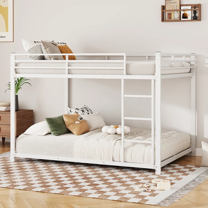 Lit double superposé en métal blanc échelle droit, sécurité enfant, 140x200cm INFINITEPULSE