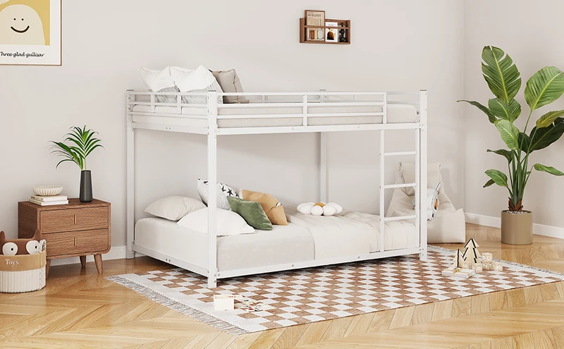 Lit double superposé en métal blanc échelle droit, sécurité enfant, 140x200cm INFINITEPULSE