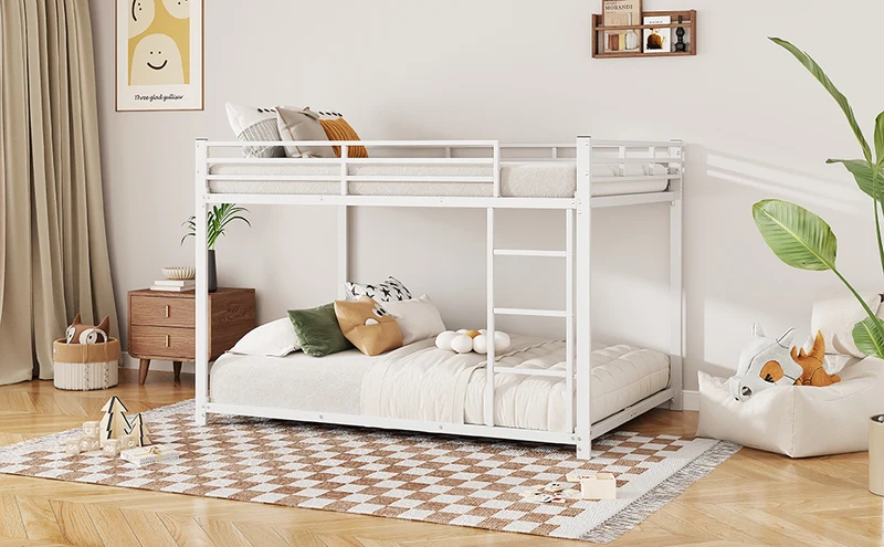 Lit double superposé en métal blanc échelle droit, sécurité enfant, 140x200cm INFINITEPULSE