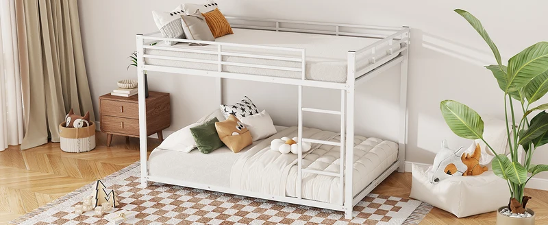 Lit double superposé en métal blanc échelle droit, sécurité enfant, 140x200cm INFINITEPULSE