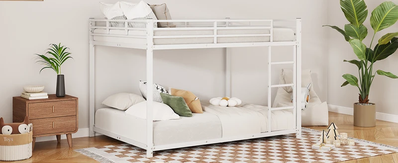 Lit double superposé en métal blanc échelle droit, sécurité enfant, 140x200cm INFINITEPULSE