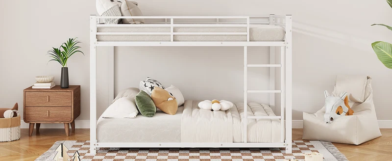 Lit double superposé en métal blanc échelle droit, sécurité enfant, 140x200cm INFINITEPULSE