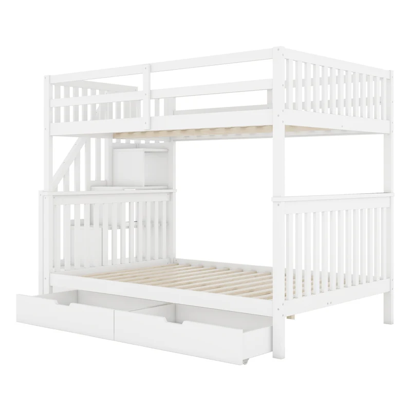 Lit double superposé blanc avec escaliers, rangements, 2 tiroirs, barrières hautes 140x200 cm INFINITEAERO