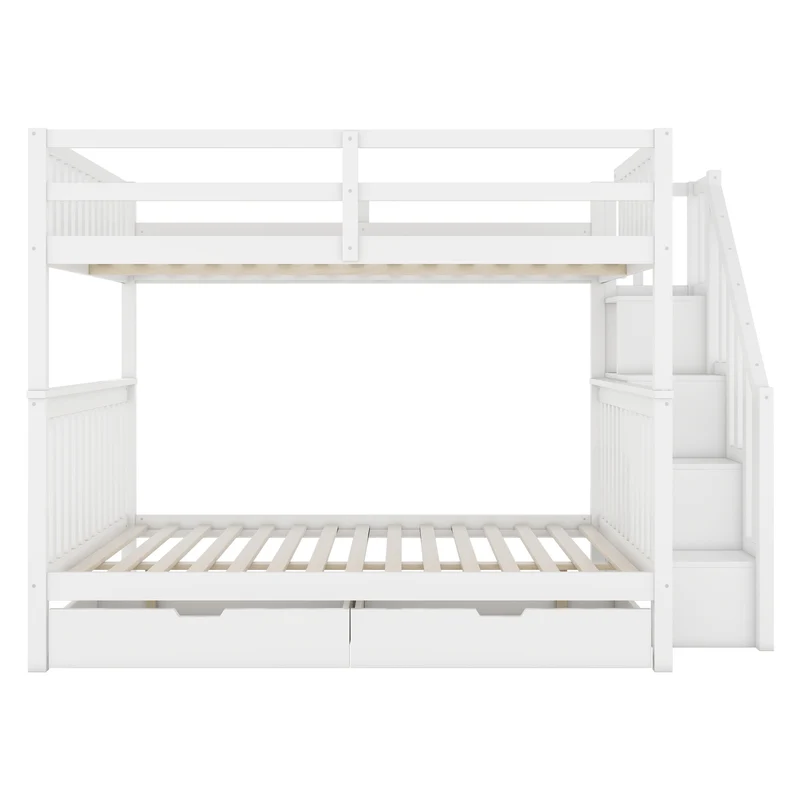 Lit double superposé blanc avec escaliers, rangements, 2 tiroirs, barrières hautes 140x200 cm INFINITEAERO