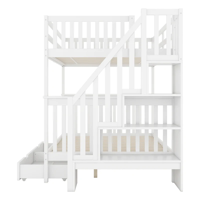 Lit double superposé blanc avec escaliers, rangements, 2 tiroirs, barrières hautes 140x200 cm INFINITEAERO