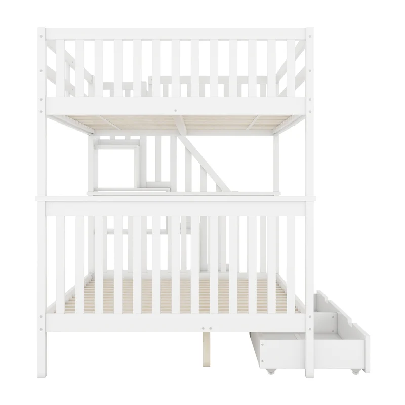 Lit double superposé blanc avec escaliers, rangements, 2 tiroirs, barrières hautes 140x200 cm INFINITEAERO
