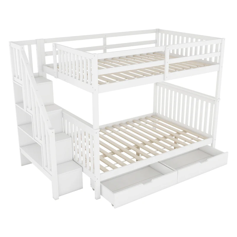 Lit double superposé blanc avec escaliers, rangements, 2 tiroirs, barrières hautes 140x200 cm INFINITEAERO