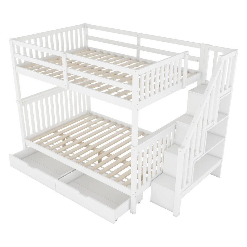 Lit double superposé blanc avec escaliers, rangements, 2 tiroirs, barrières hautes 140x200 cm INFINITEAERO