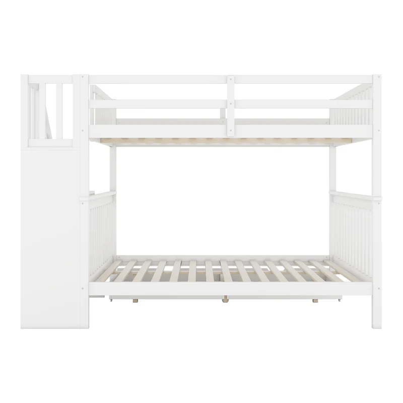 Lit double superposé blanc avec escaliers, rangements, 2 tiroirs, barrières hautes 140x200 cm INFINITEAERO