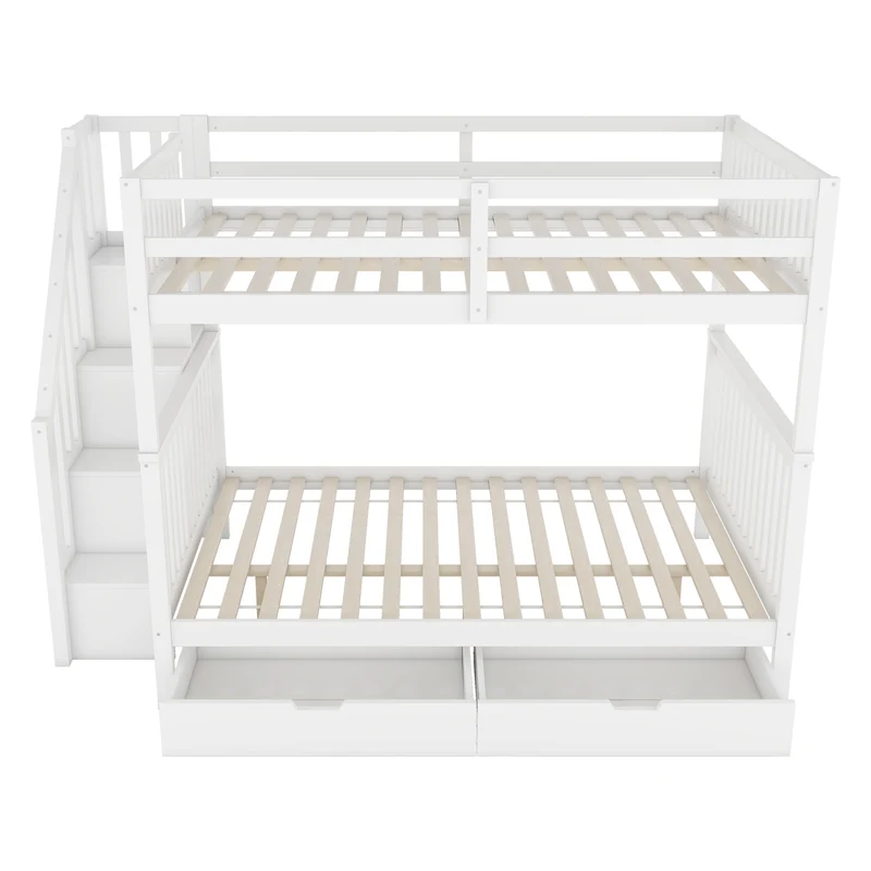 Lit double superposé blanc avec escaliers, rangements, 2 tiroirs, barrières hautes 140x200 cm INFINITEAERO