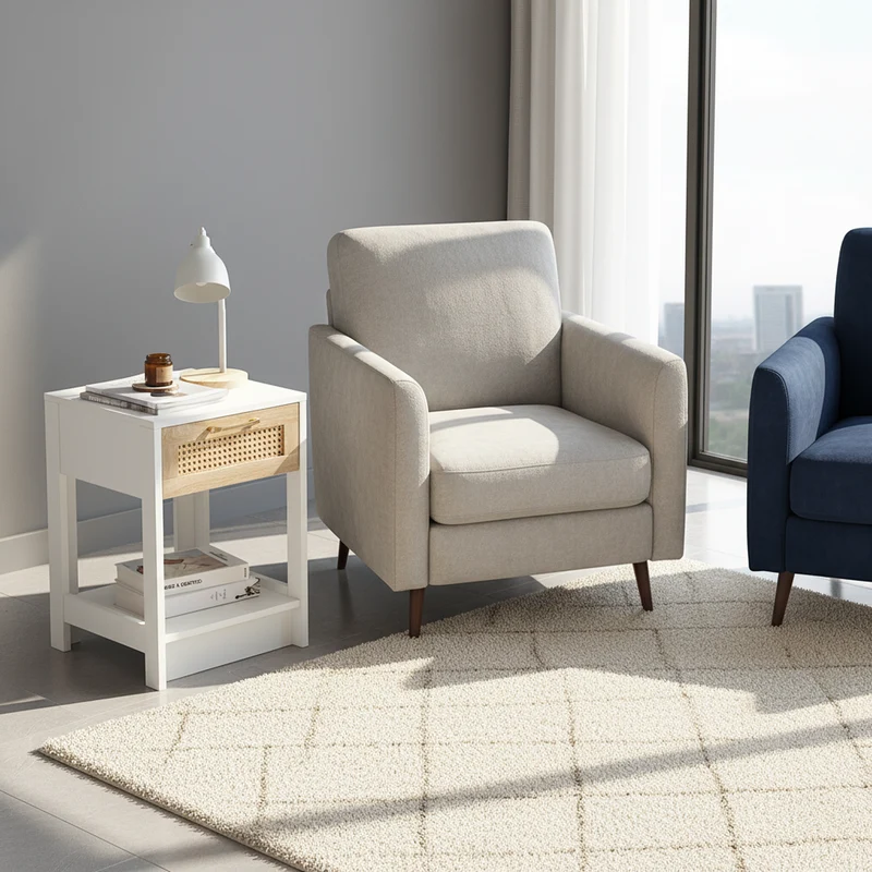 Table de chevet blanche tiroir en rotin 40x40x55cm FLARETERRA