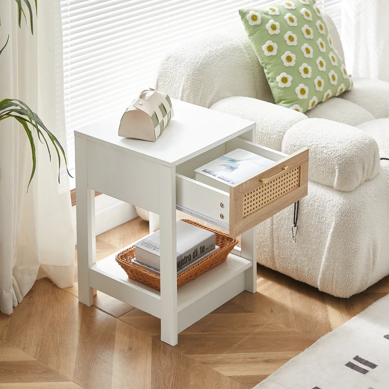 Table de chevet blanche tiroir en rotin 40x40x55cm FLARETERRA