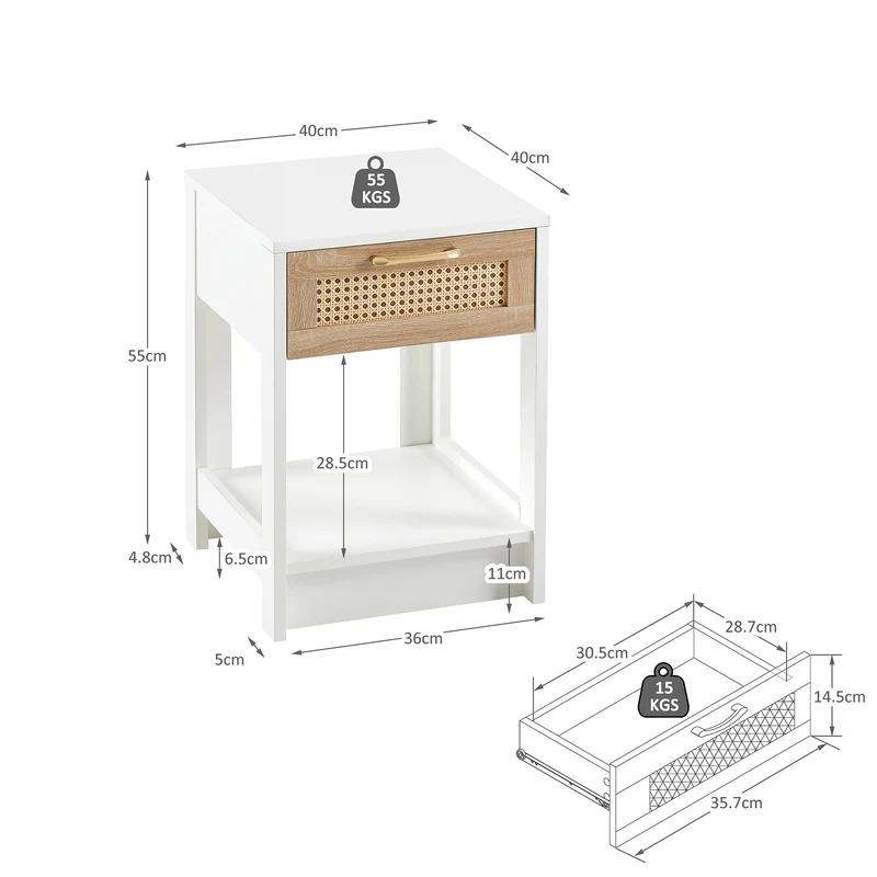 Table de chevet blanche tiroir en rotin 40x40x55cm FLARETERRA