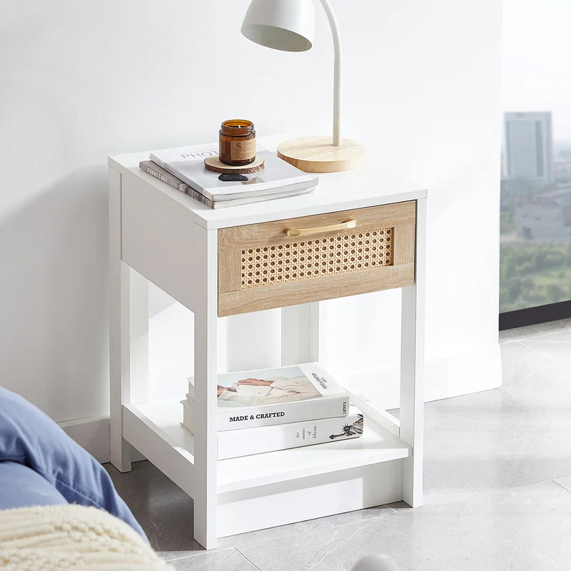Table de chevet blanche tiroir en rotin 40x40x55cm FLARETERRA
