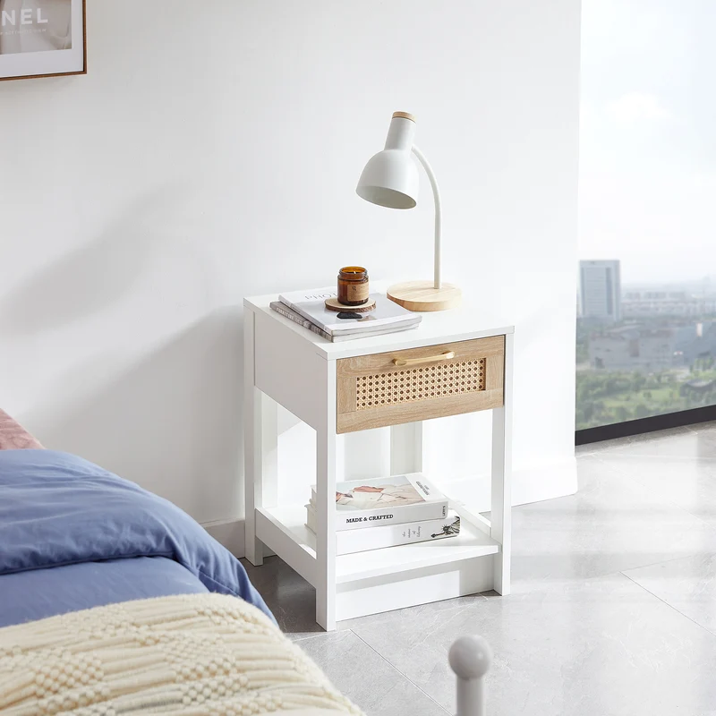 Table de chevet blanche tiroir en rotin 40x40x55cm FLARETERRA