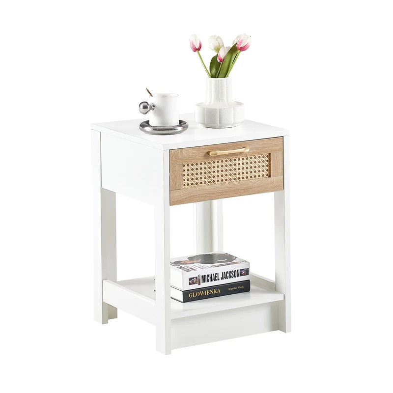 Table de chevet blanche tiroir en rotin 40x40x55cm FLARETERRA