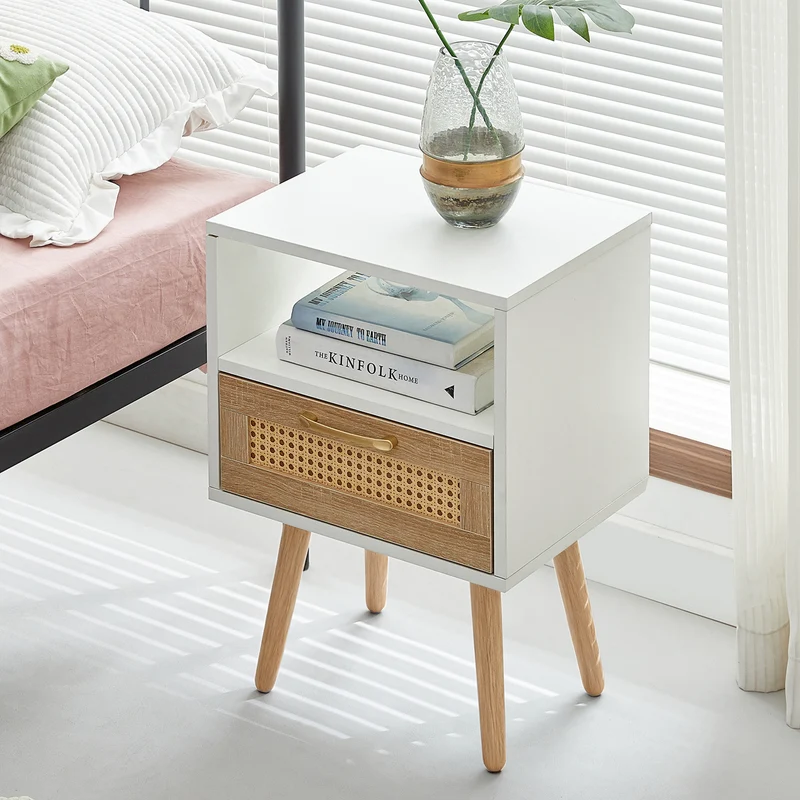Table de chevet blanc et en rotin avec tiroir 55x40x30cm FLAREAERO