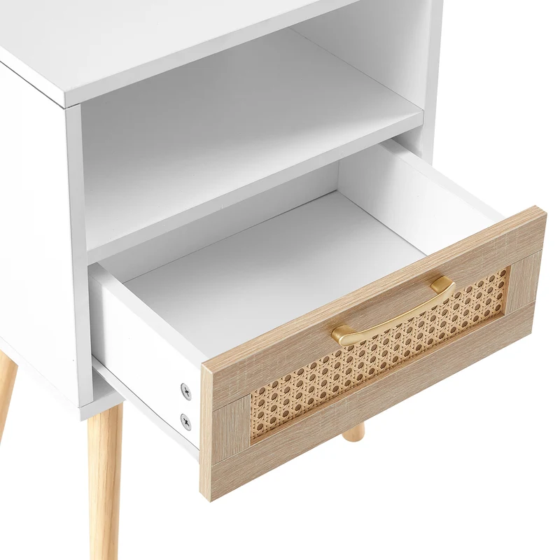 Table de chevet blanc et en rotin avec tiroir 55x40x30cm FLAREAERO