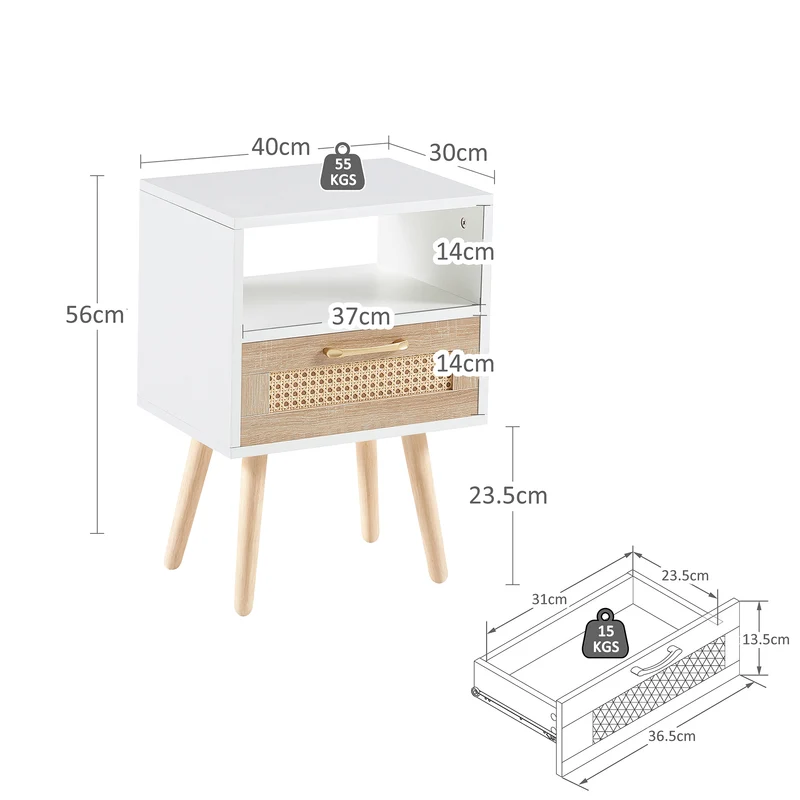 Table de chevet blanc et en rotin avec tiroir 55x40x30cm FLAREAERO