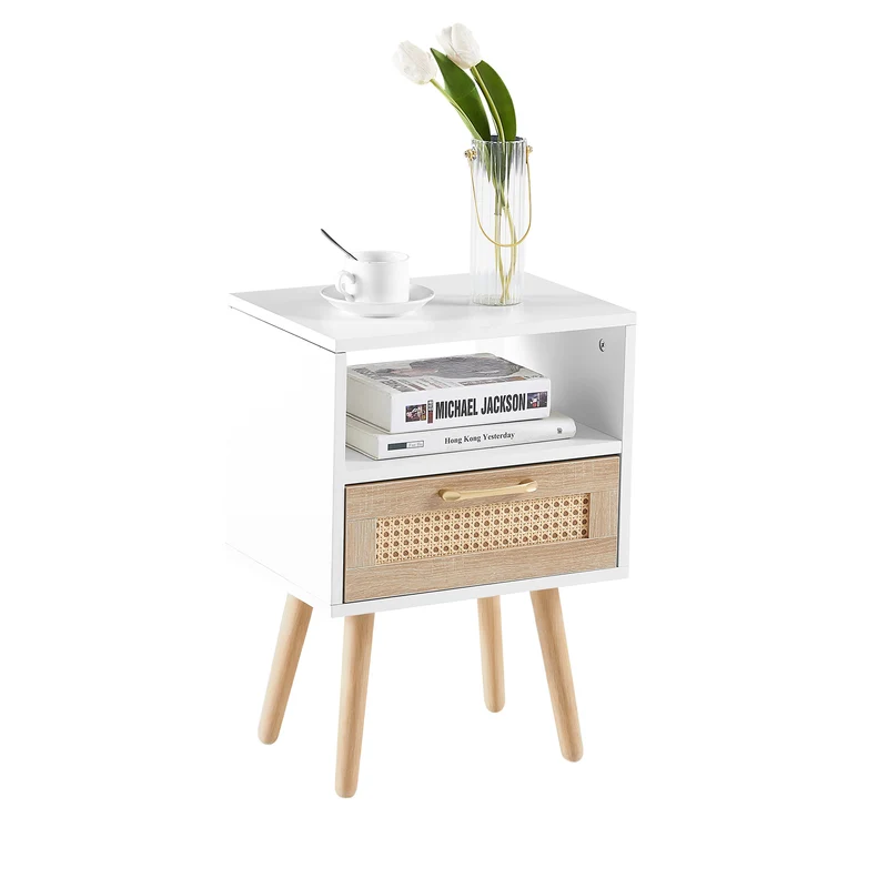 Table de chevet blanc et en rotin avec tiroir 55x40x30cm FLAREAERO