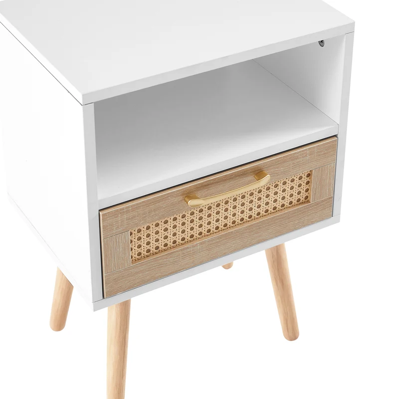 Table de chevet blanc et en rotin avec tiroir 55x40x30cm FLAREAERO