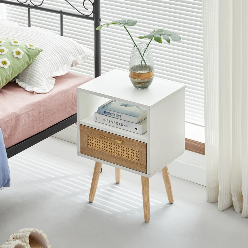 Table de chevet blanc et en rotin avec tiroir 55x40x30cm FLAREAERO