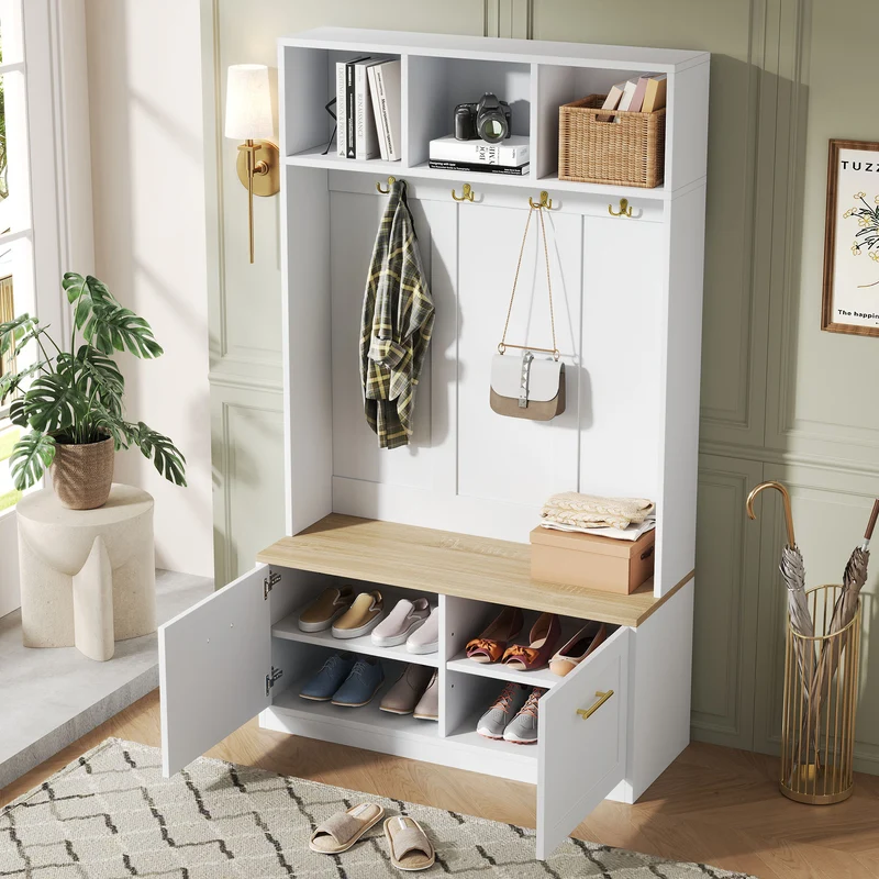 Vestiaire à l'entrée blanc compacte avec banc, rangement ouvert et 2 portes 105x40x180cm MERIDIANSOL