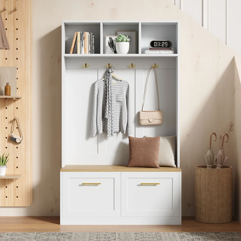 Vestiaire à l'entrée blanc compacte avec banc, rangement ouvert et 2 portes 105x40x180cm MERIDIANSOL