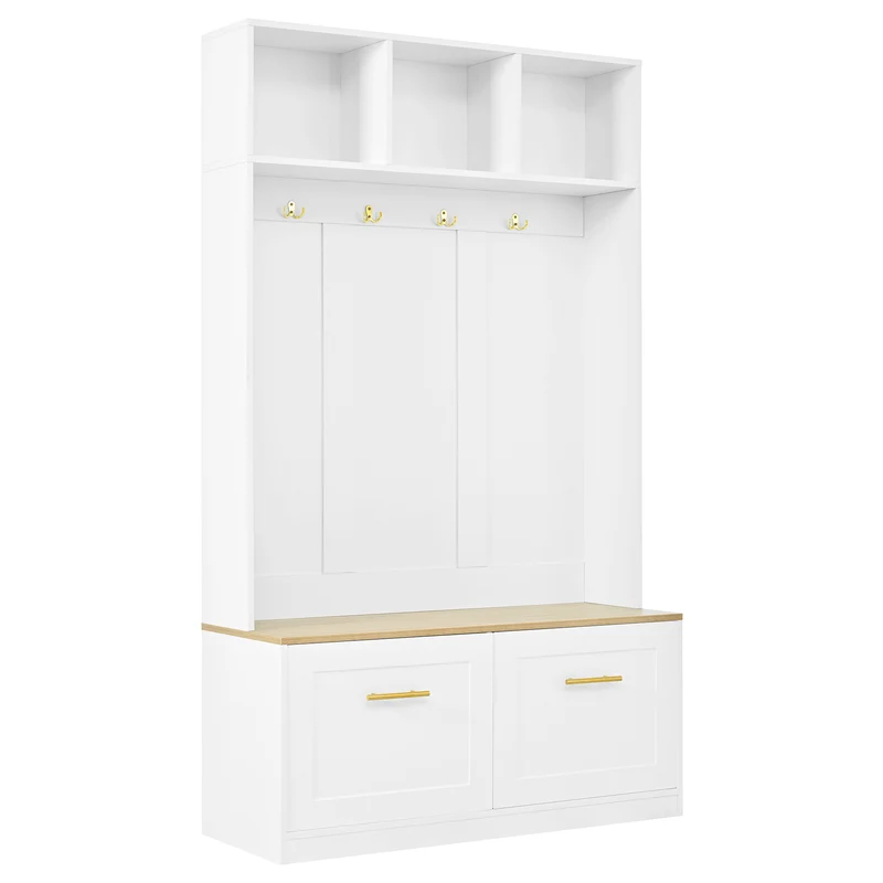 Vestiaire à l'entrée blanc compacte avec banc, rangement ouvert et 2 portes 105x40x180cm MERIDIANSOL