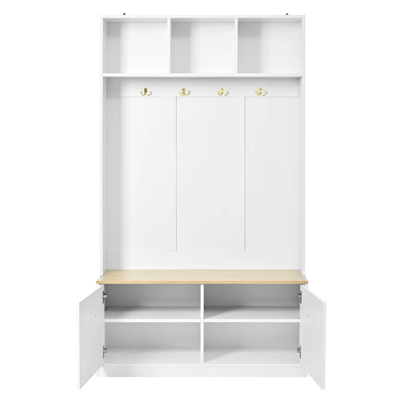 Vestiaire à l'entrée blanc compacte avec banc, rangement ouvert et 2 portes 105x40x180cm MERIDIANSOL