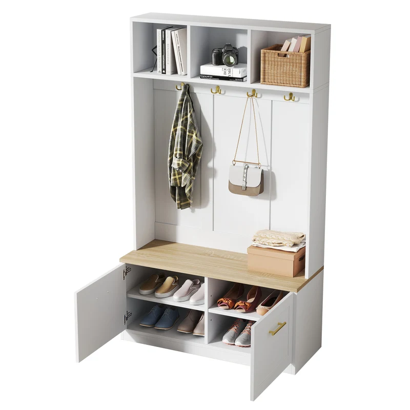 Vestiaire à l'entrée blanc compacte avec banc, rangement ouvert et 2 portes 105x40x180cm MERIDIANSOL