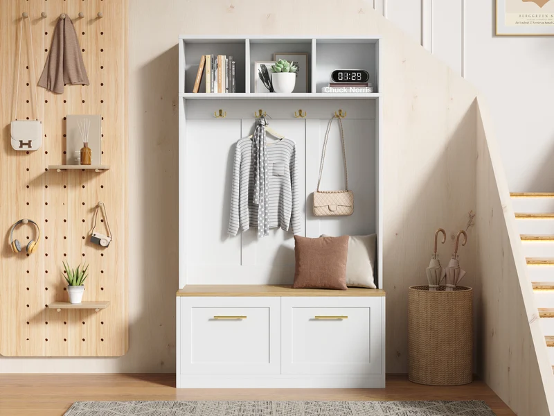 Vestiaire à l'entrée blanc compacte avec banc, rangement ouvert et 2 portes 105x40x180cm MERIDIANSOL