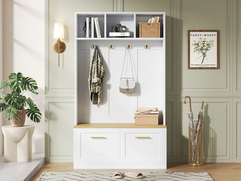 Vestiaire à l'entrée blanc compacte avec banc, rangement ouvert et 2 portes 105x40x180cm MERIDIANSOL