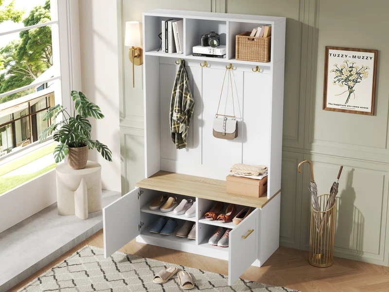 Vestiaire à l'entrée blanc compacte avec banc, rangement ouvert et 2 portes 105x40x180cm MERIDIANSOL