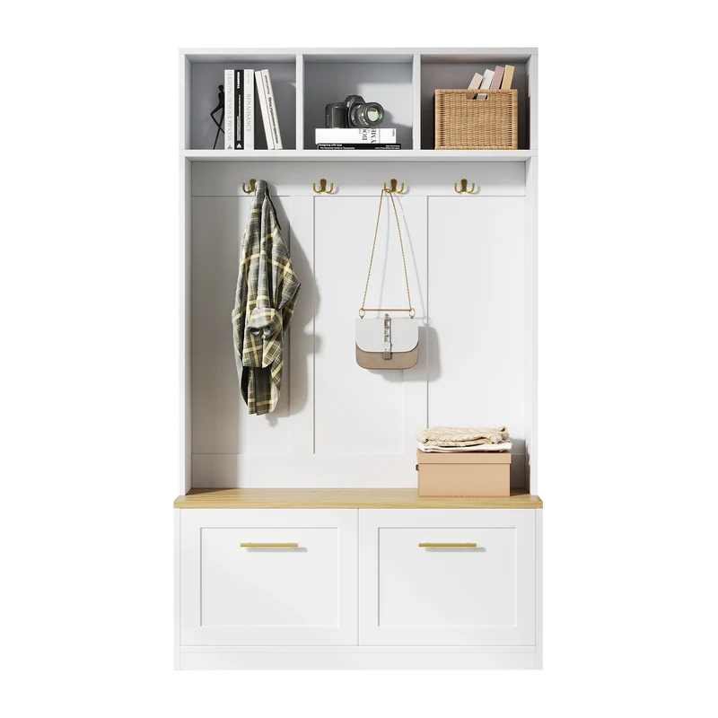 Vestiaire à l'entrée blanc compacte avec banc, rangement ouvert et 2 portes 105x40x180cm MERIDIANSOL