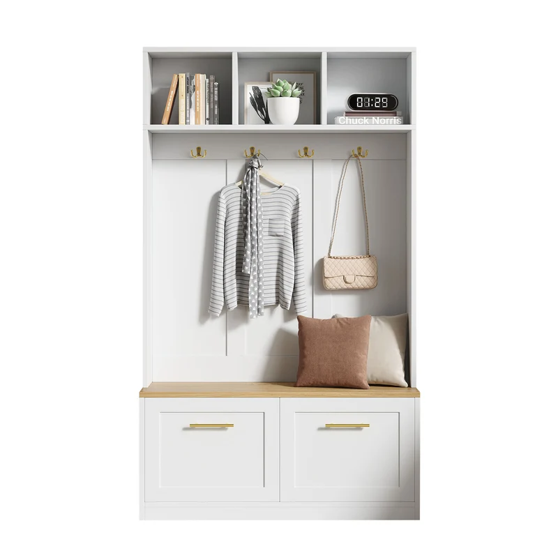 Vestiaire à l'entrée blanc compacte avec banc, rangement ouvert et 2 portes 105x40x180cm MERIDIANSOL