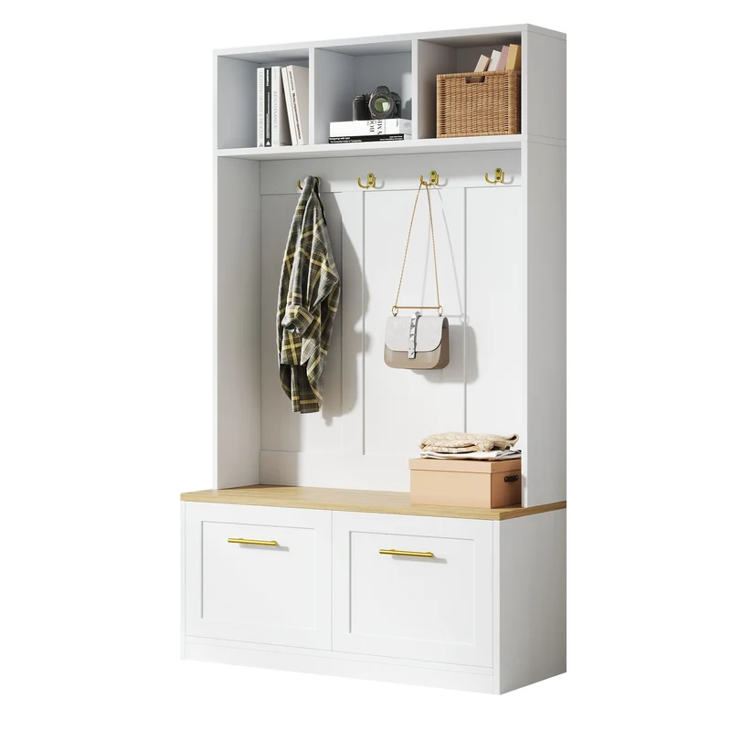 Vestiaire à l'entrée blanc compacte avec banc, rangement ouvert et 2 portes 105x40x180cm MERIDIANSOL