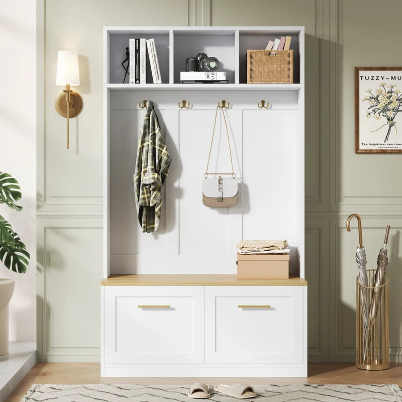 Vestiaire à l'entrée blanc compacte avec banc, rangement ouvert et 2 portes 105x40x180cm MERIDIANSOL
