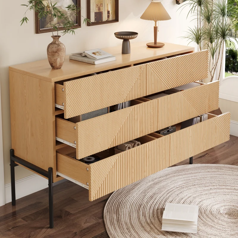 Buffet effet bois naturel géométrique 3D, 6 tiroirs 115,5x38x75cm CASCADEDYNE