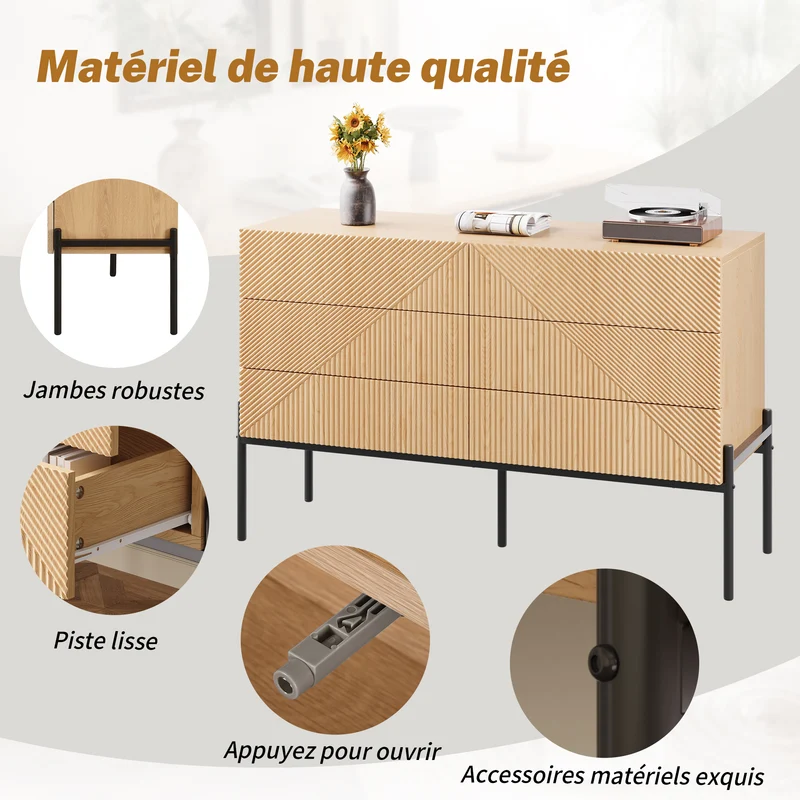 Buffet effet bois naturel géométrique 3D, 6 tiroirs 115,5x38x75cm CASCADEDYNE