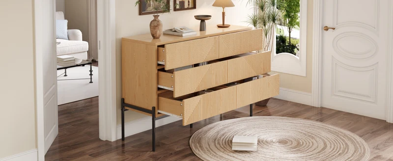 Buffet effet bois naturel géométrique 3D, 6 tiroirs 115,5x38x75cm CASCADEDYNE