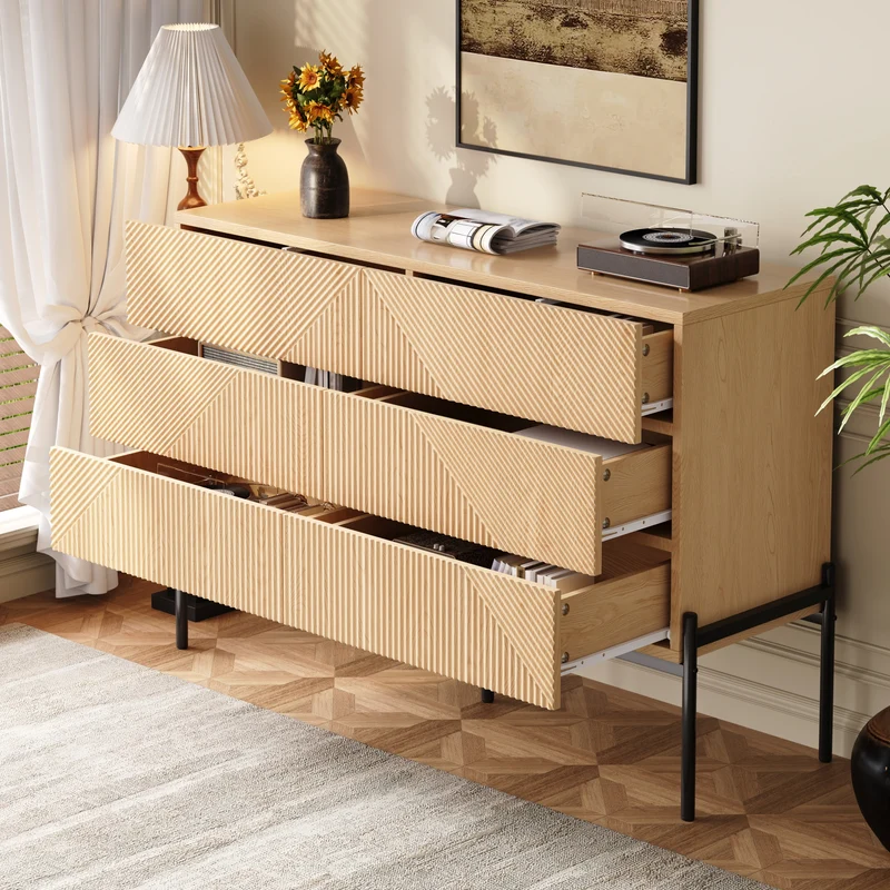 Buffet effet bois naturel géométrique 3D, 6 tiroirs 115,5x38x75cm CASCADEDYNE