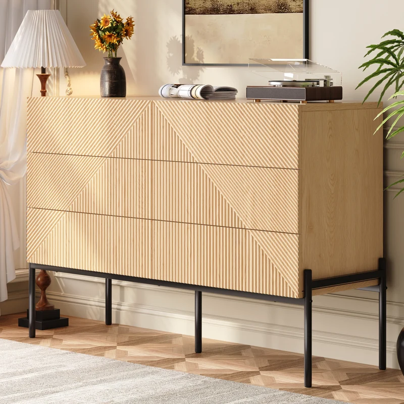 Buffet effet bois naturel géométrique 3D, 6 tiroirs 115,5x38x75cm CASCADEDYNE