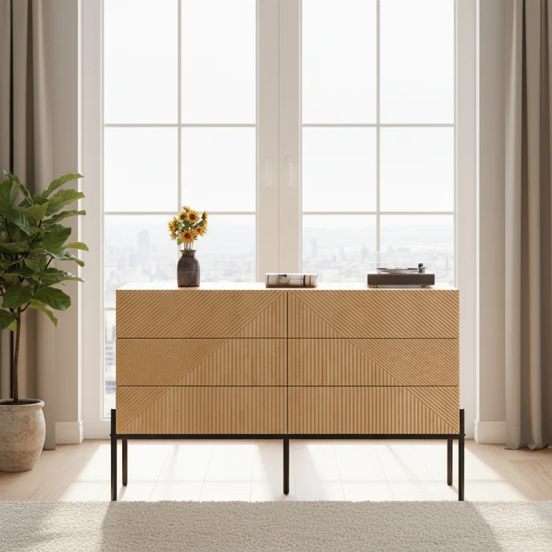 Buffet effet bois naturel géométrique 3D, 6 tiroirs 115,5x38x75cm CASCADEDYNE