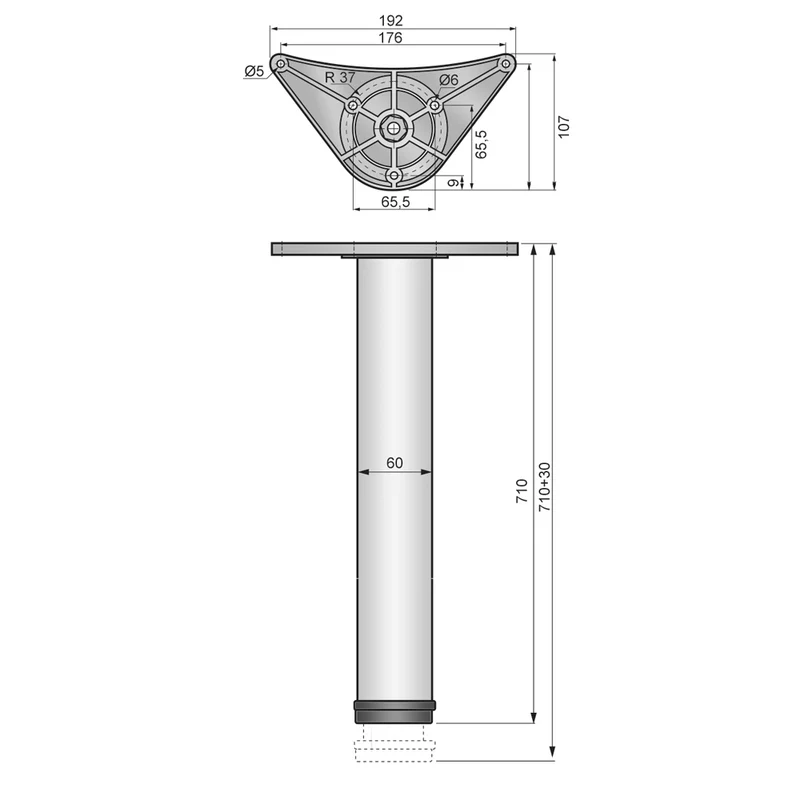Pied de meuble réglable 710mm, plaque de montage ZnAl - Nickel brossé