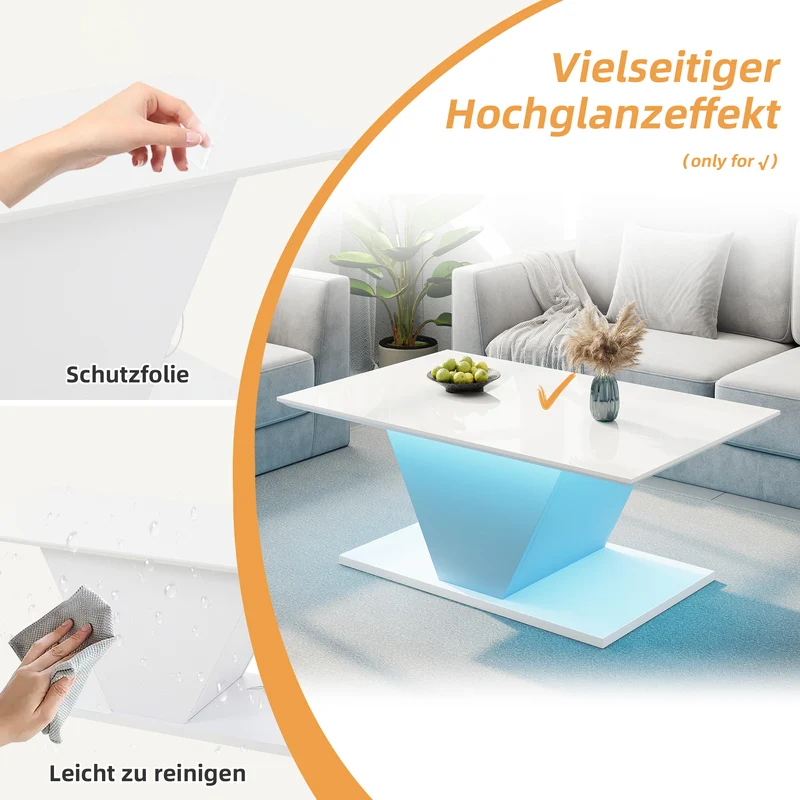 Table basse blanche brillante forme V avec éclairage LED100x50cm OVERWINTER