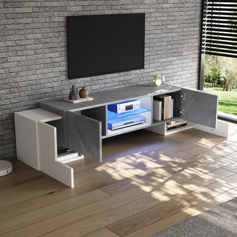 Meuble TV moderne blanc & gris étagère en verre avec éclairage LED GRIGVEK